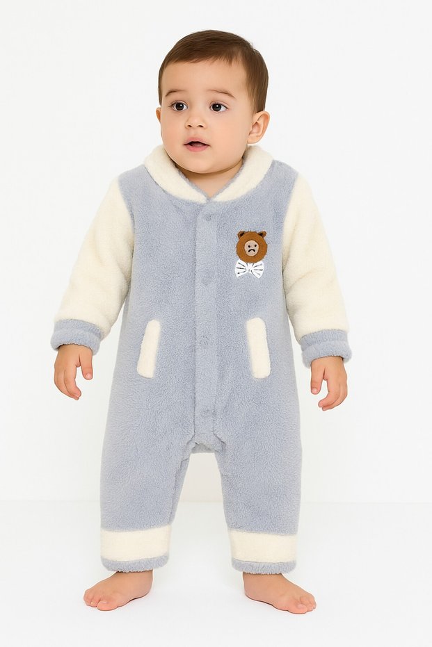 Winter Sweet Teddy Bear Pocketed Welsoft Zippered Winter Baby Jumpsuit