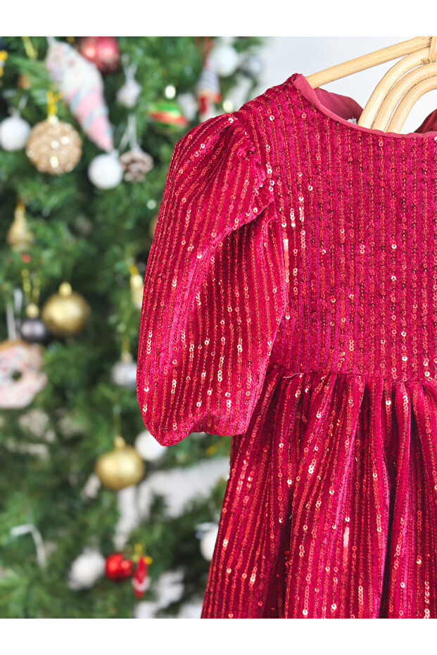 Pullu Balon Kol Elbise-Kırmızı - 3