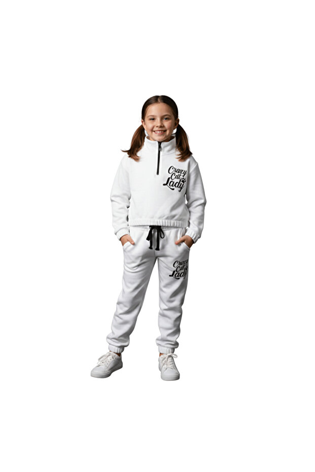 Girl's White Printed Crop Tracksuit Set – Cotton, Elastic, Pockets