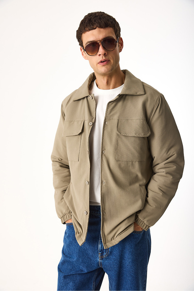 Men's Regular Fit Quilted Technical Jacket - Beige - 5
