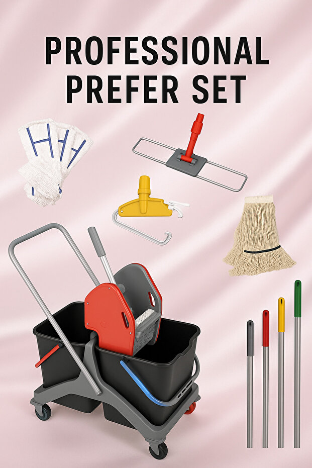 Professional Temizlik Arabası Seti - Çift Kovalı Paspas Arabası Multi Function - 1