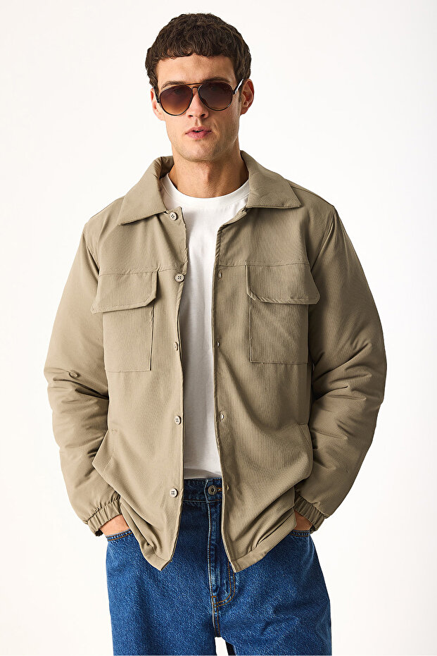 Men's Regular Fit Quilted Technical Jacket - Beige - 2