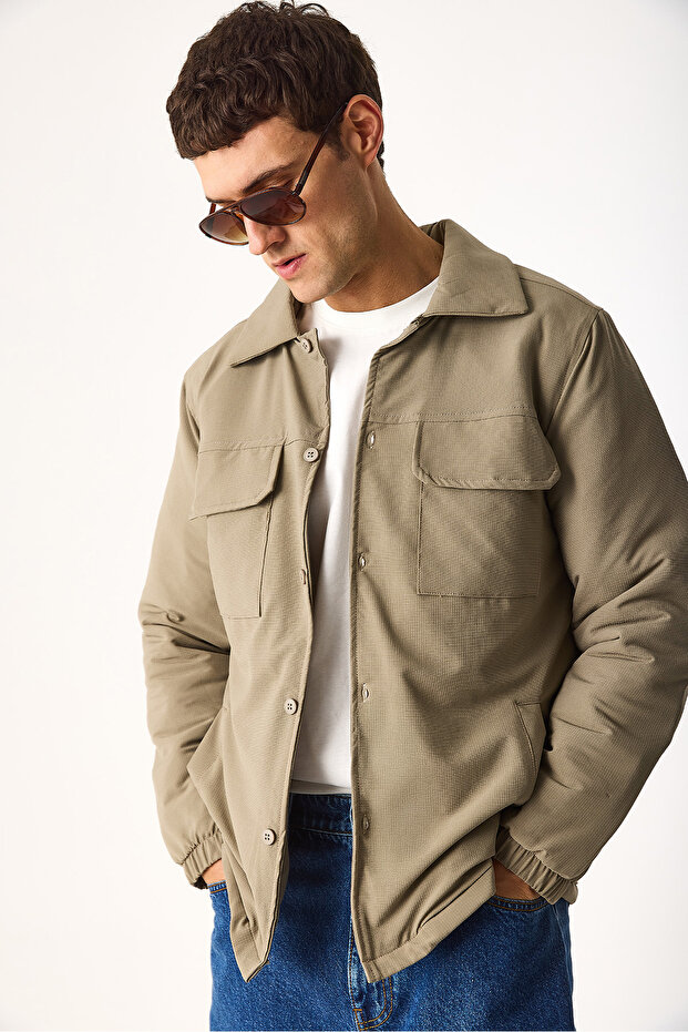 Men's Regular Fit Quilted Technical Jacket - Beige - 4