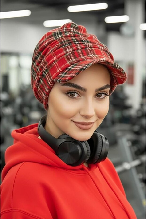 Red Plaid Pattern Hijab Hat - 2