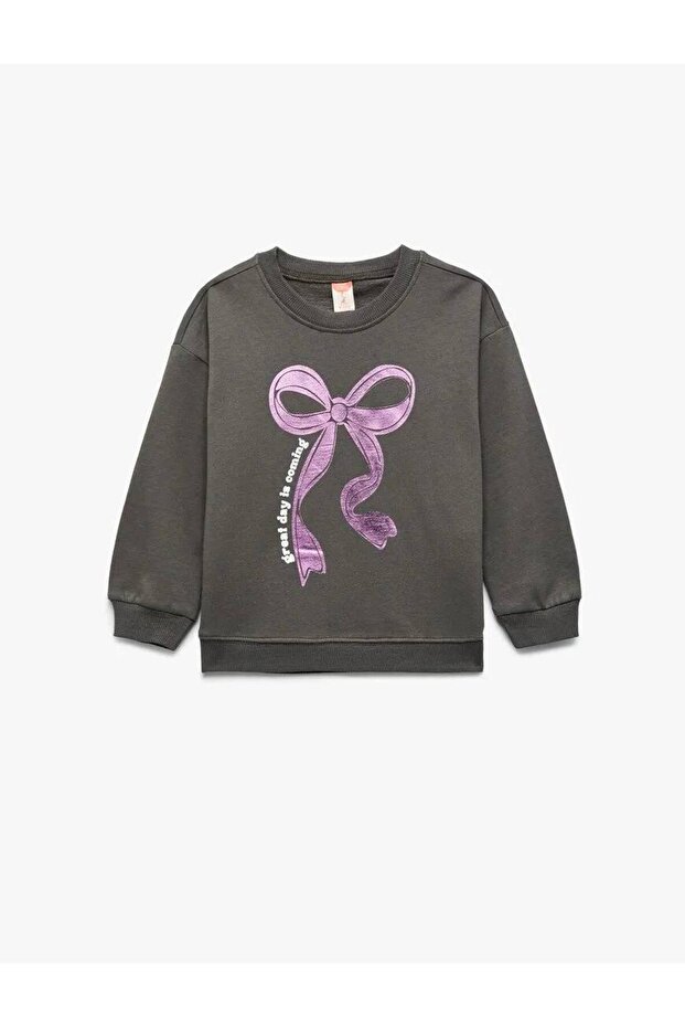 Long Sleeve Raised Crew Neck Bow Printed Sweatshirt