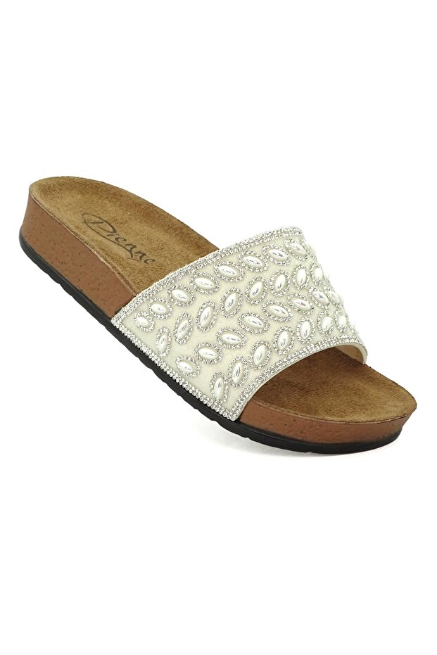 Women's Pearl Detailed White Stone Soft Sole Comfortable Slippers