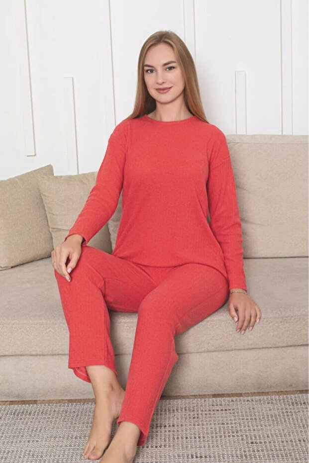 Cotton Thick Winter Interlock Striped Long Sleeve Knitted Pajama Set