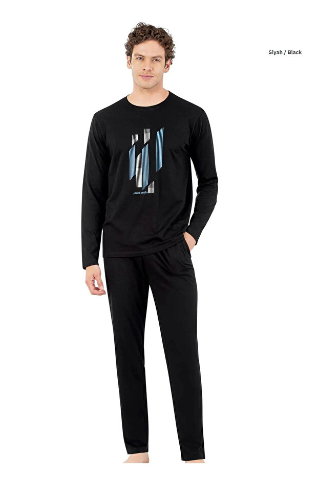 Men's Wide Fit Cotton Pocketed Pajama Set Black