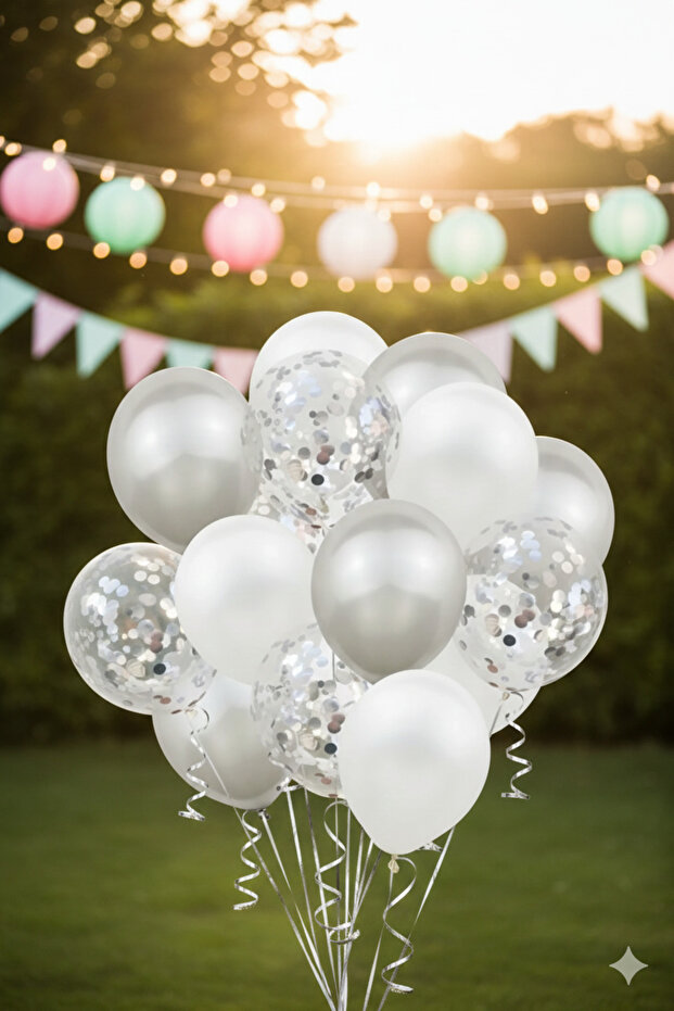 Metallic Silver White Transparent Balloon with Silver Confetti 12 Inch 15 Pieces