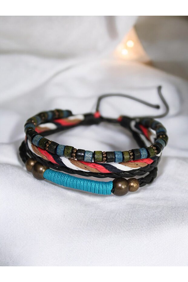 Spring Themed Wood, Metal and Bead Embroidered Leather & Rope Wrapped Adjustable Bracelet
