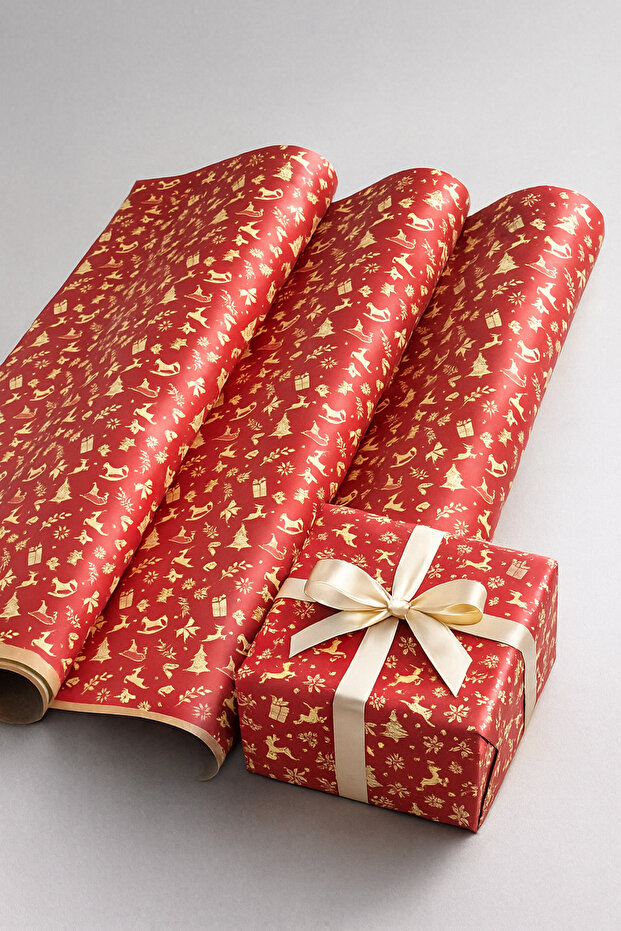 Christmas Themed Gift Wrapping Paper Red 50 X 70 cm 10 Pieces