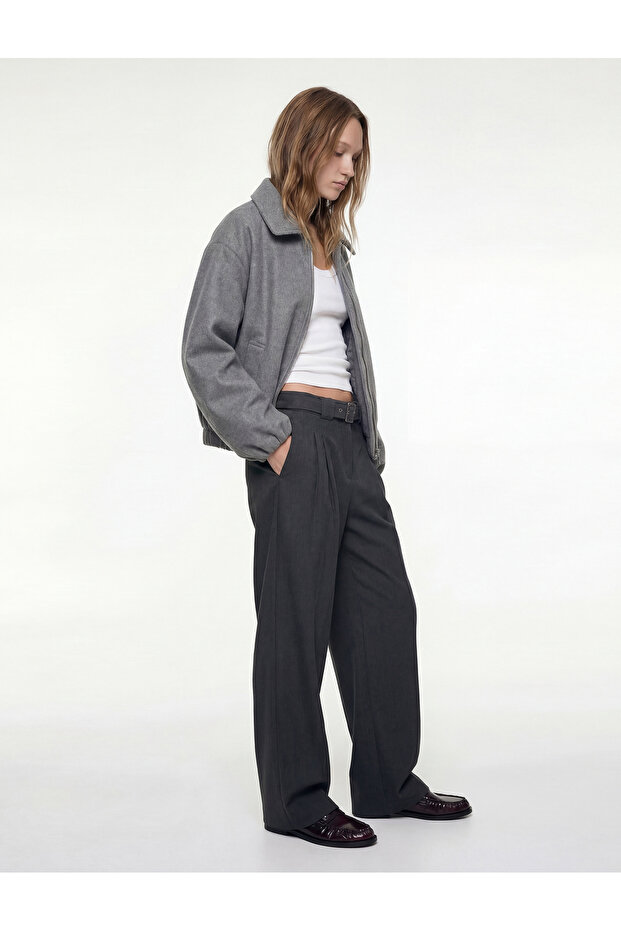 Viscose Blend Wide Leg Trousers with Belt Detail and Metal Accessories