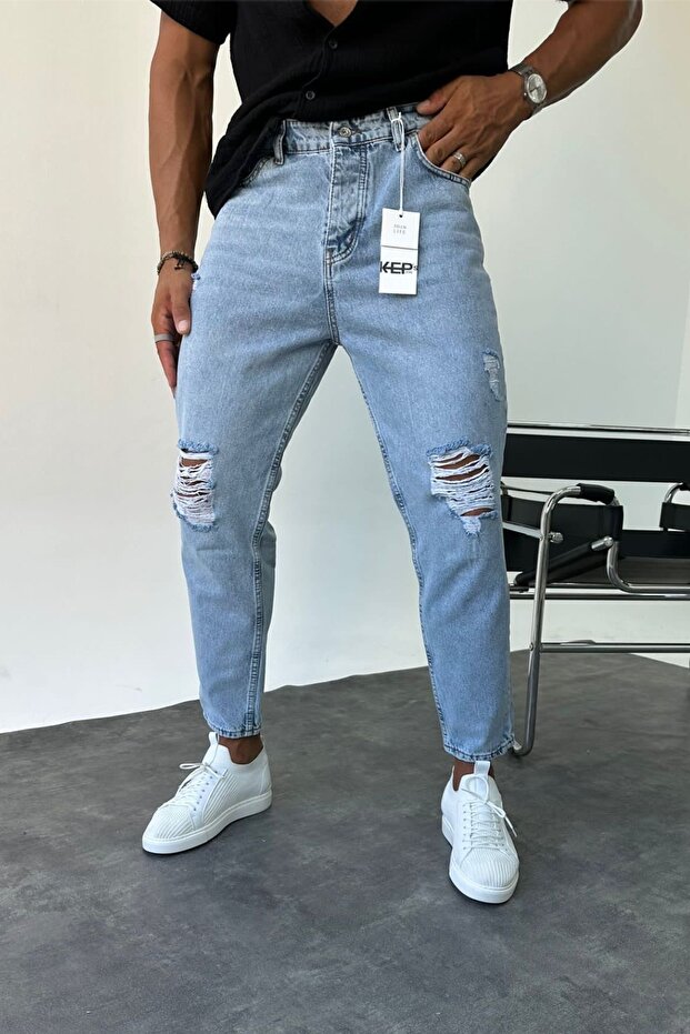 Boyfriend men's ice blue jeans trousers with ripped details Mz077