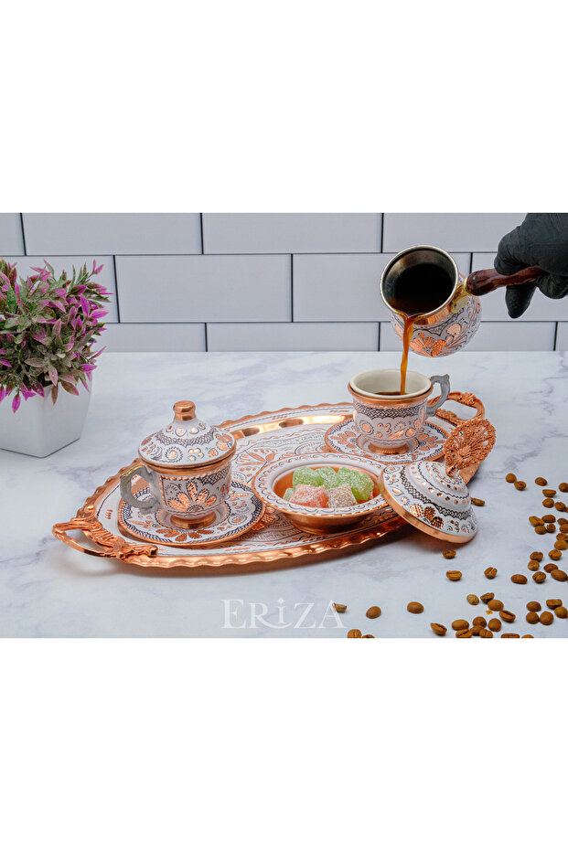 6-Person Embroidered Copper Cup Set, Set (Tray Turkish Delight Bowl, 6 Cups, 6-Person Coffee Pot)