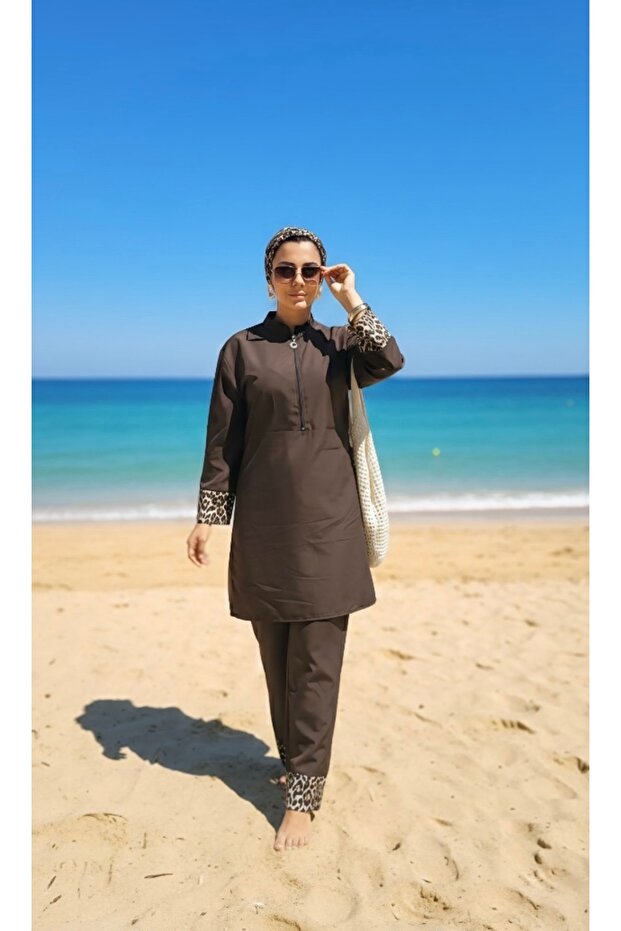 Gözde Model Leopar Garnili Tesettür Mayo - 6