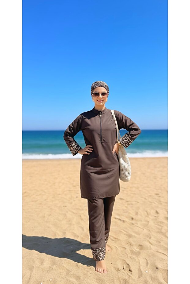 Gözde Model Leopar Garnili Tesettür Mayo - 3