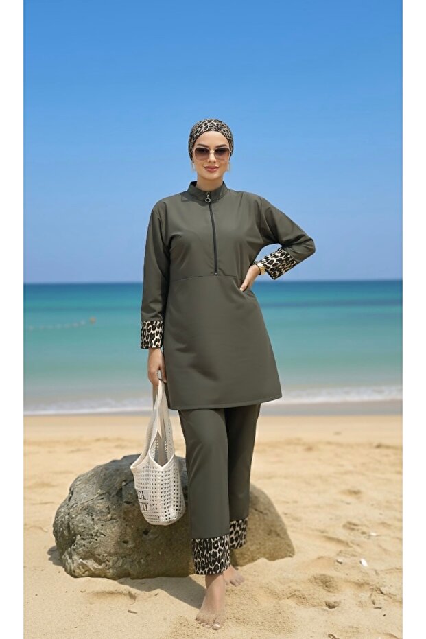 Gözde Model Leopar Garnili Tesettür Mayo - 4