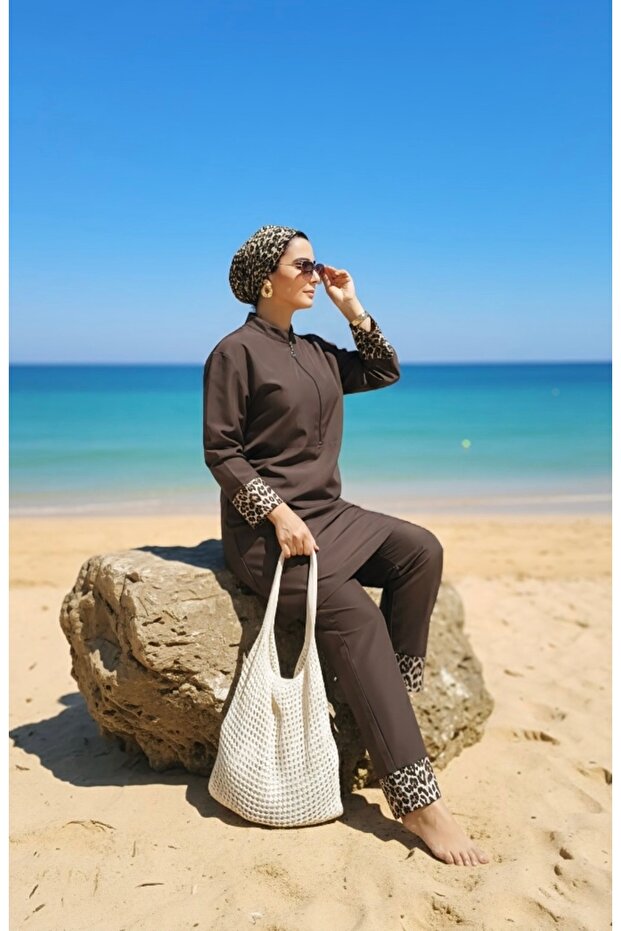 Gözde Model Leopar Garnili Tesettür Mayo - 1