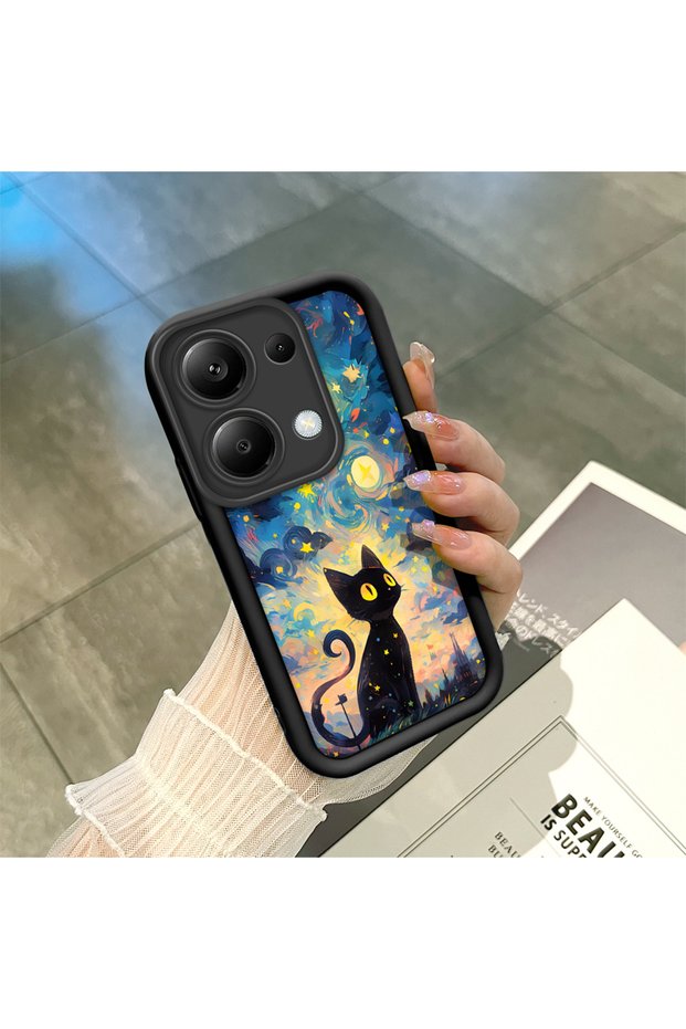 Xiaomi Redmi Note 13 Pro 4g Compatible Black Silicone Cat Pattern Shock Absorbing Phone Case