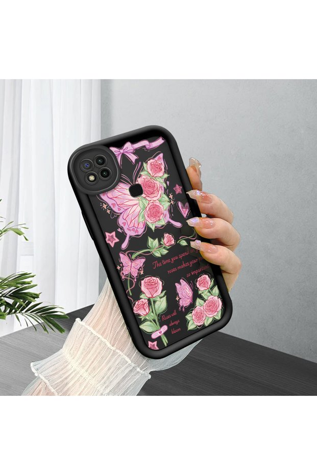 Redmi 9C Compatible Black Silicone Rose and Butterfly Patterned Elegan Phone Case