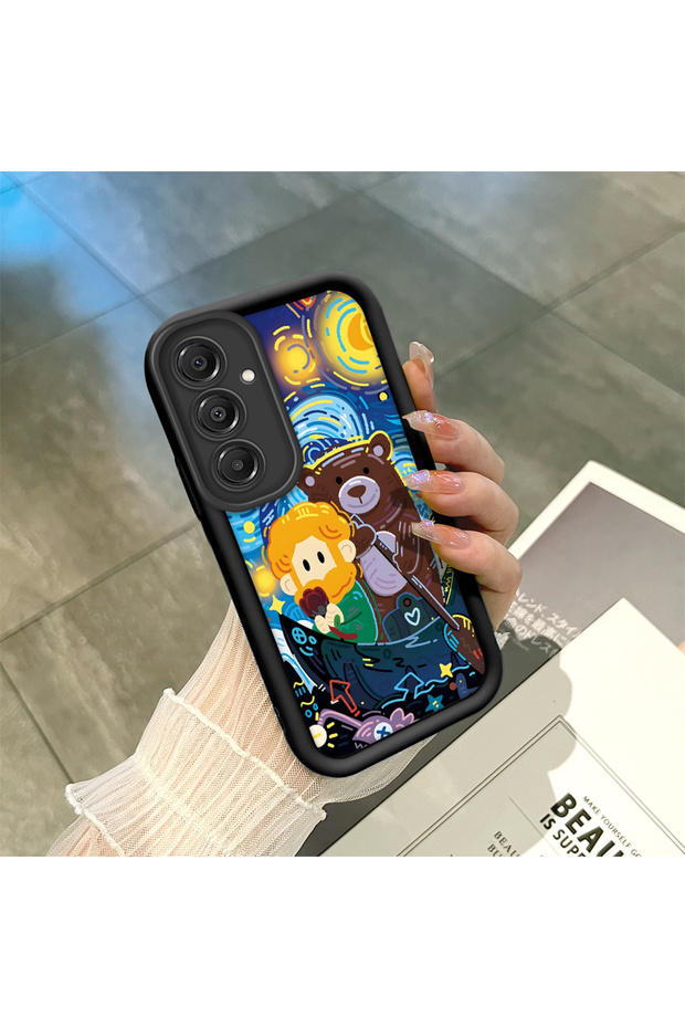 Samsung Galaxy A16 Compatible Black Silicone Van Gogh Starry Night Patterned Anti-Slip Phone Case