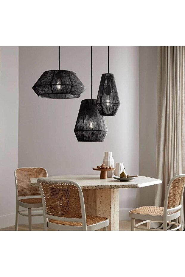 Siyah 3'lü Rafya Avize, Bohem Avize, Rustik Avize, Jüt Avize, Doğal Avize, Hasır Avize, Bambu Avize - 1