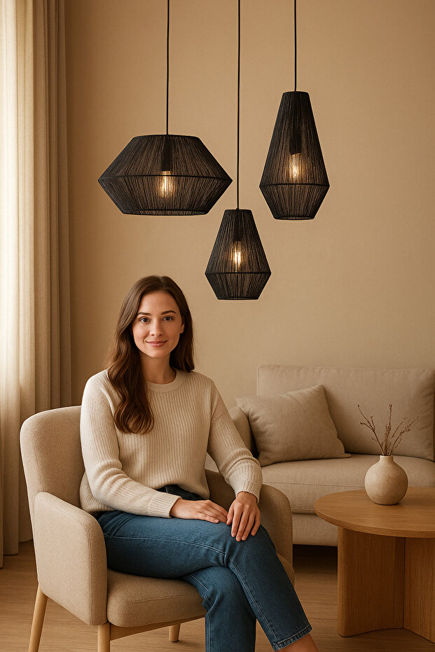 Siyah 3'lü Rafya Avize, Bohem Avize, Rustik Avize, Jüt Avize, Doğal Avize, Hasır Avize, Bambu Avize - 2