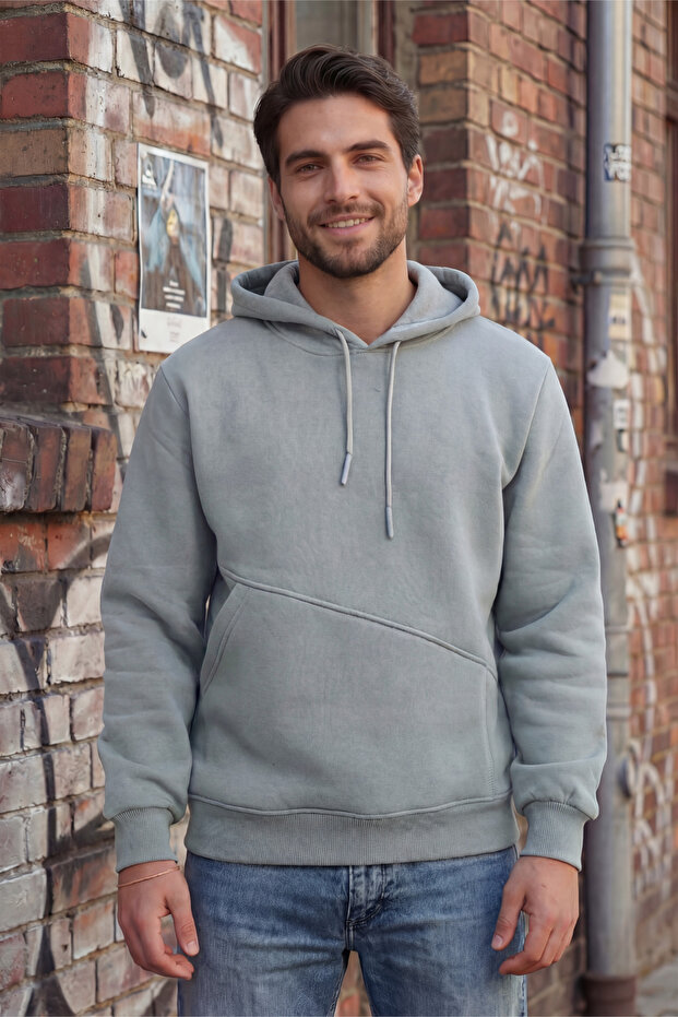 Gray Men's 3-Thread Side Pocket K Hooded Sweatshirt Puff Soft Fabric