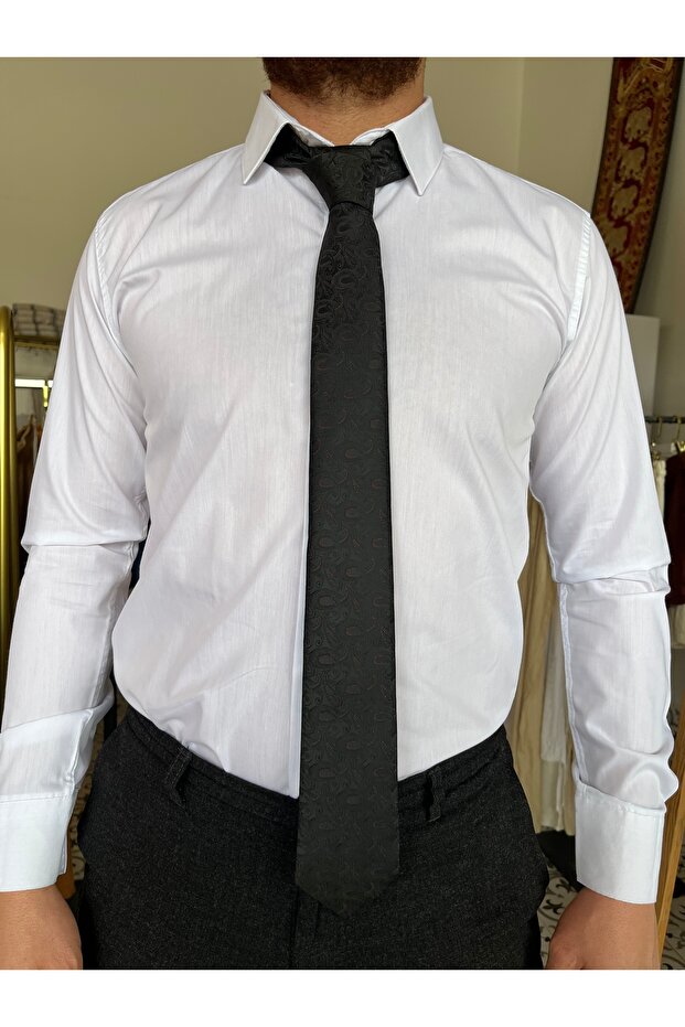 Siyah Desenli Mendilli Kravat - 3