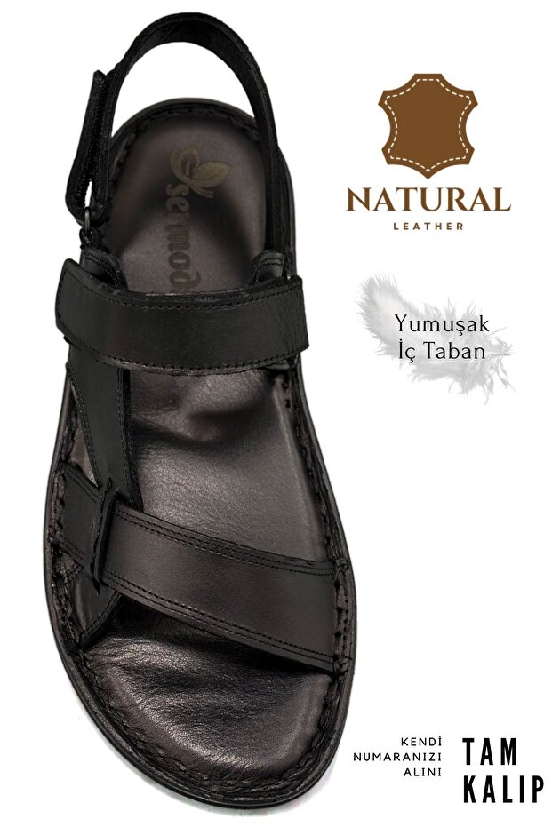 Genuine Real Leather Velcro Men's Sandals Black