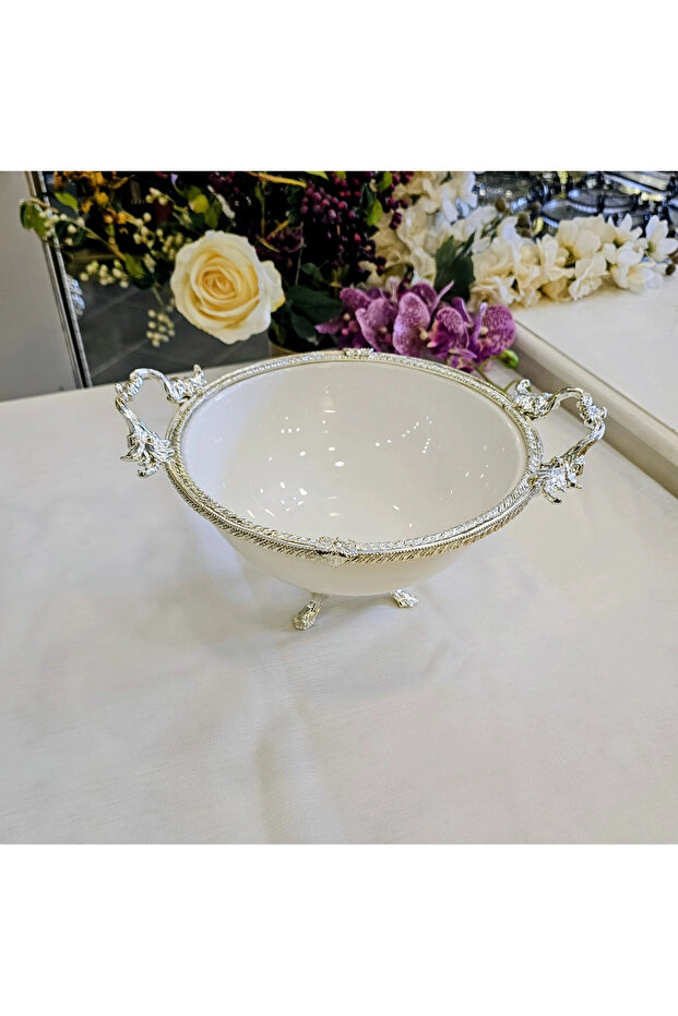 26 cm Cast Metal Frame Porcelain Bowl with Legs Silver