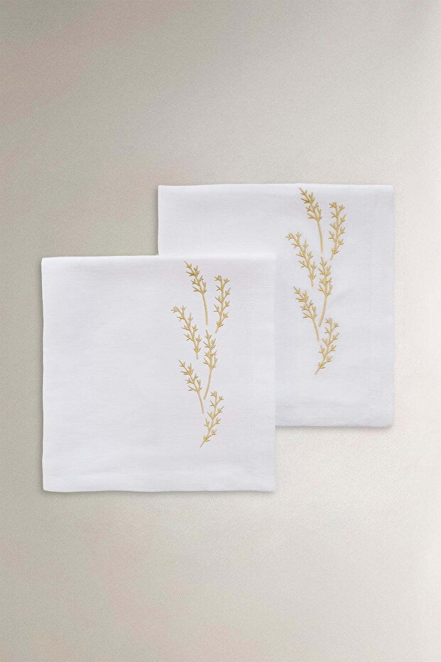 Leaf Embroidered Linen 2-Piece Napkin Set 45X45 cm
