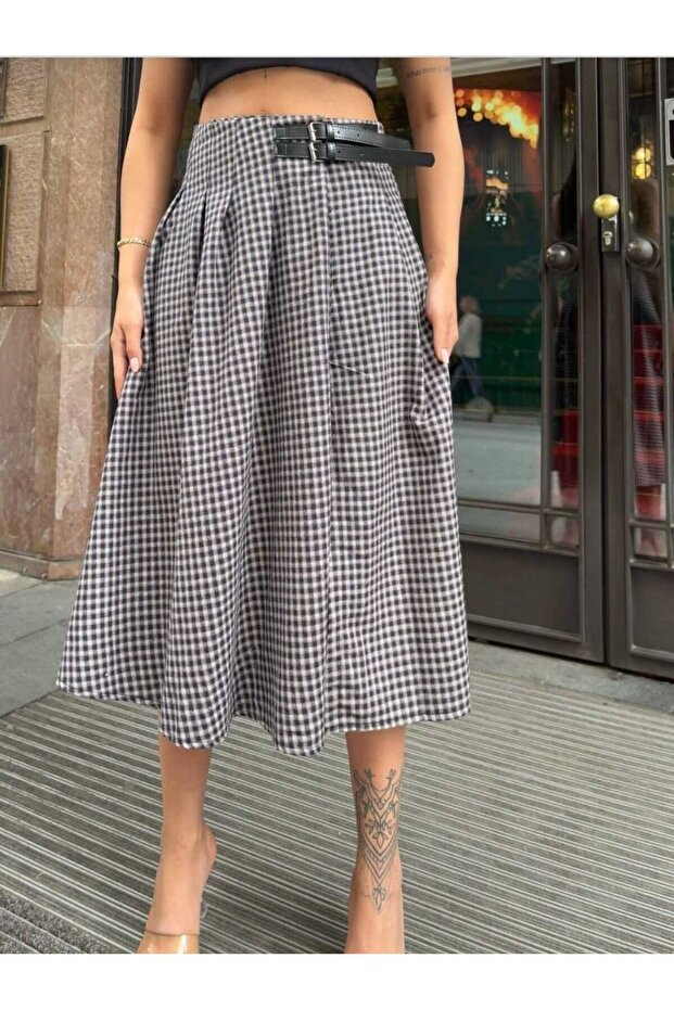 High Waist Half Belt Detailed Gipeli Front Openable Hidden Buttoned Slit Below Knee Plaid Skirt