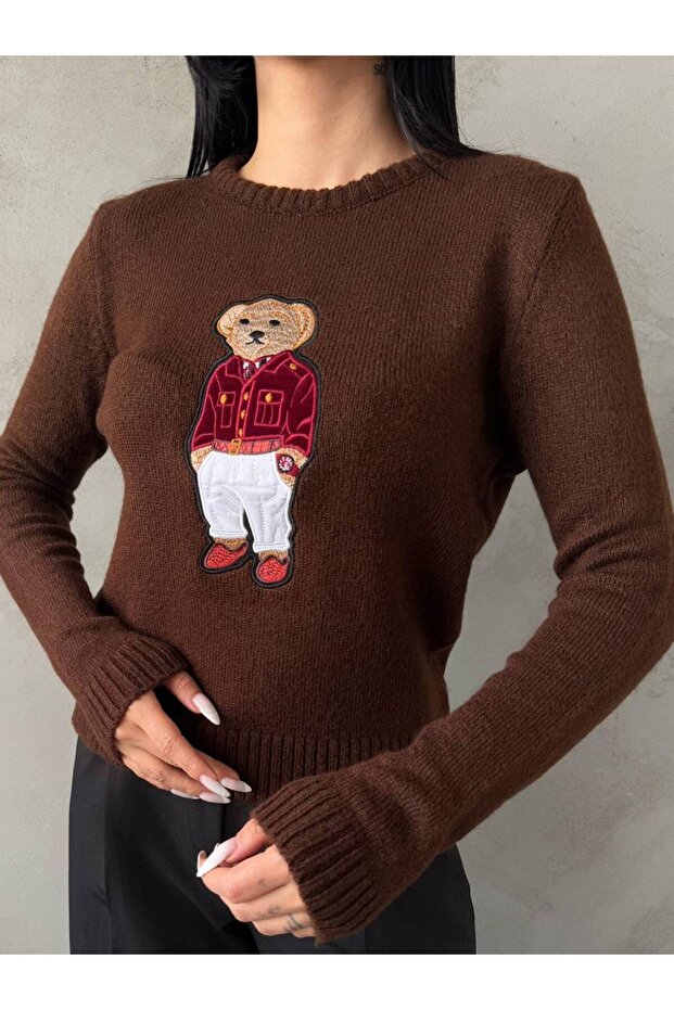 Women's Brown Teddy Bear Crew Neck Knit Sweater
