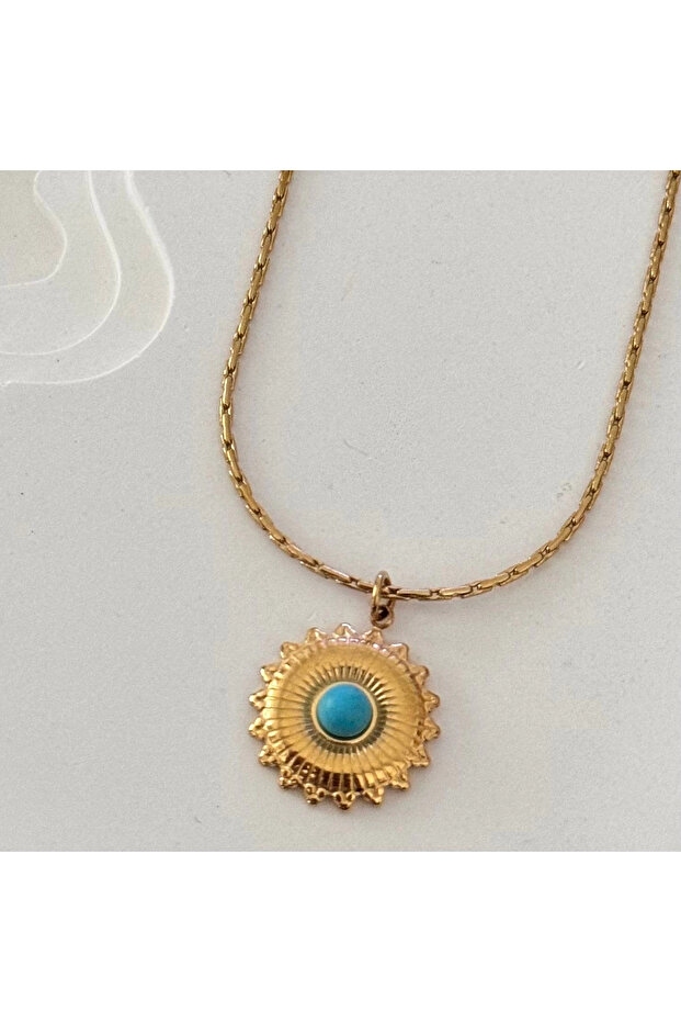 Gold Blue Bead Motif Necklace