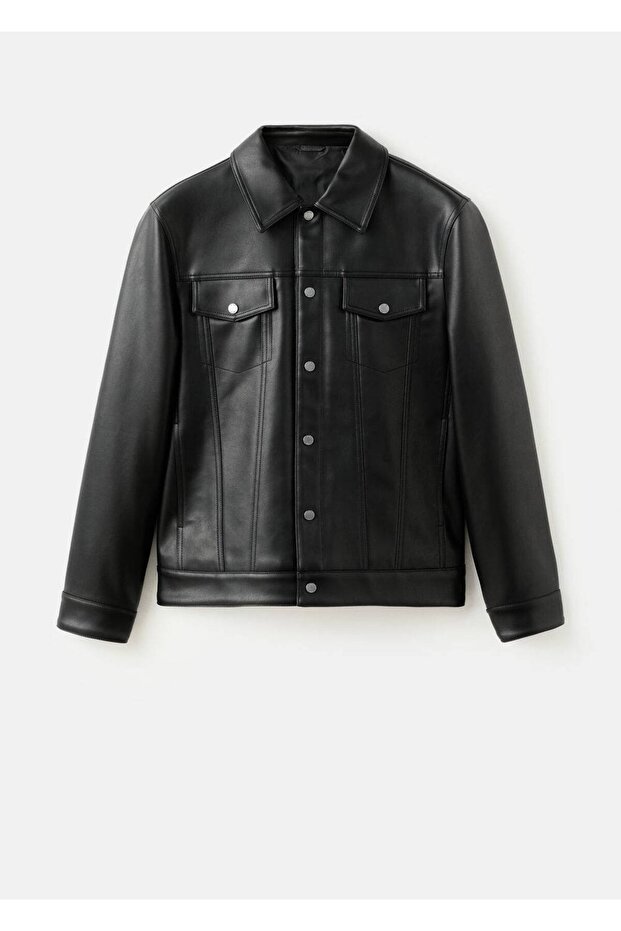 Deri görünümlü cepli ceket - 3