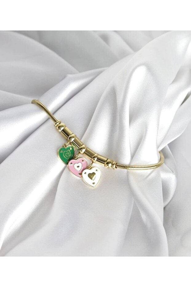 Women's Heart Detailed Enamel Dangle Steel Bracelet