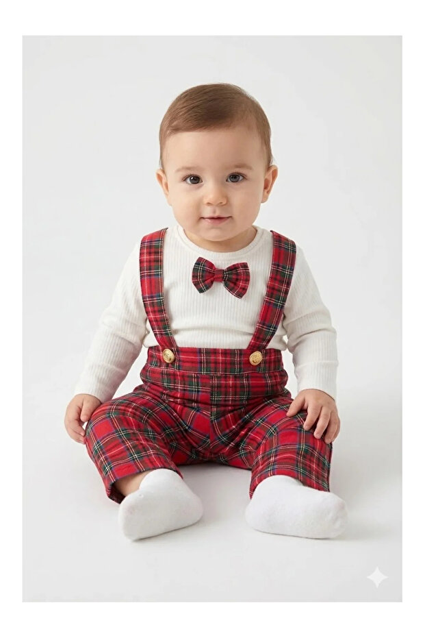 Baby Boy New Year Outfit Red Checkered Suspender Pants and Bodysuit Set