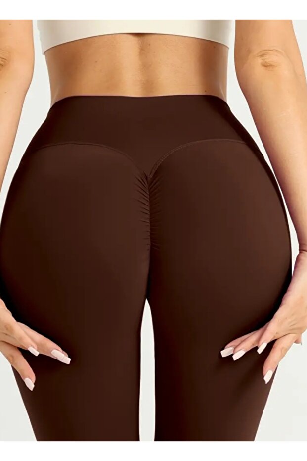 MAROVOAY Arkası büzgülü kahverengi yüksek bel likralı spor tayt,yoga taytı