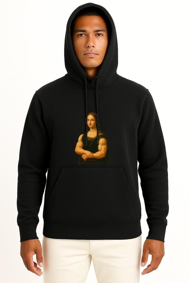 Hooded Mona Lisa Painting Muscular Fitness Chest Printed Unisex Sweatshirt