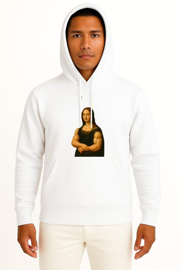 Hooded Mona Lisa Painting Muscular Fitness Chest Printed Unisex Sweatshirt