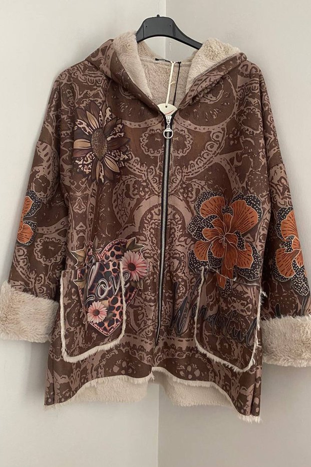 Women's Italian Brown Hooded Mixed Pattern Nubuck Coat with Fur Inside, Bag Pockets, Zipper Closure