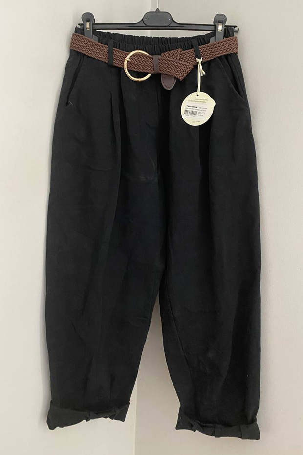 Women's Italian Black Elastic Waist Belted Pocketed Plain Pattern Loose Trousers