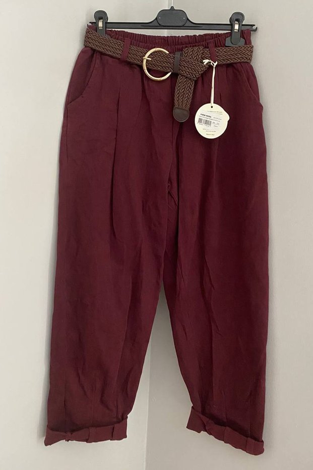 Women's Italian Burgundy Elastic Waist Belted Pocketed Plain Pattern Loose Trousers
