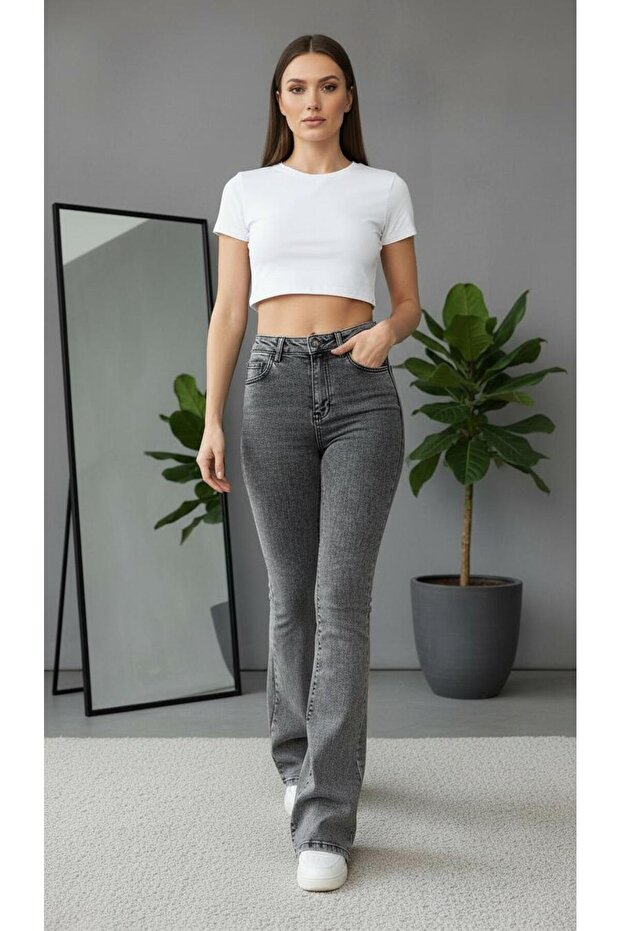 Women's Snow Gray Stretch Fabric Stretchy Stretch Fabric High Waist Spanish Jeans Pants