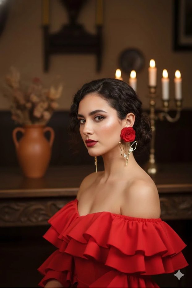 Red Tulle Lotus Earrings Gold Color Brass Women's Jewelry