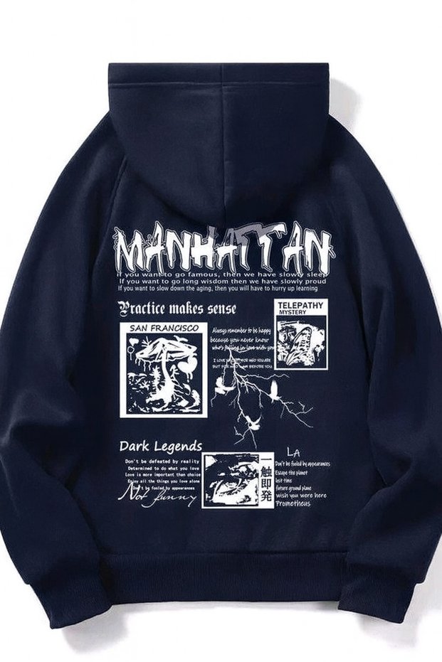 “Manhattan Print on the Back Hooded Unisex Sweatshirt City-Themed Modern Street Style”
