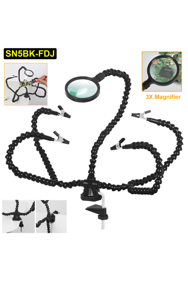 SN5BK-FDJ Toolour Helping Hand لحام الأيدي الثالثة مع 6 أذرع مرنة ومصباح يدوي LED مكبر
