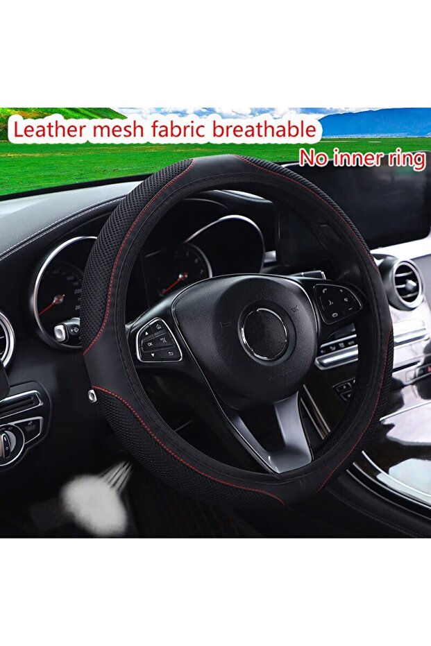 PW Black Car Steering Wheel Cover Without Inner Ring 37-38cm Three-dimensional Leather Embroidered C