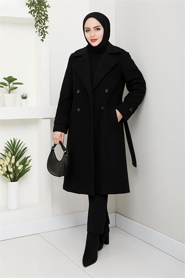 Women's Shoulder Detailed Buttoned Midi Length Lined Cashmere Coat Nbft005